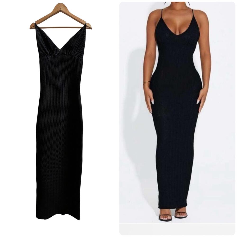 Naked Wardrobe Black Textured Heavy Open Knit Crochet Open Back Maxi Dress XL
